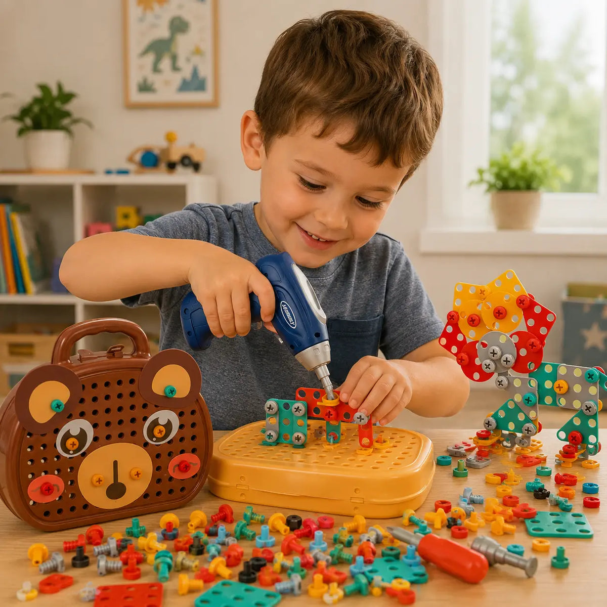 Boite a outils enfant Montessori 204 pieces avec perceuse jouet et mallette de rangement