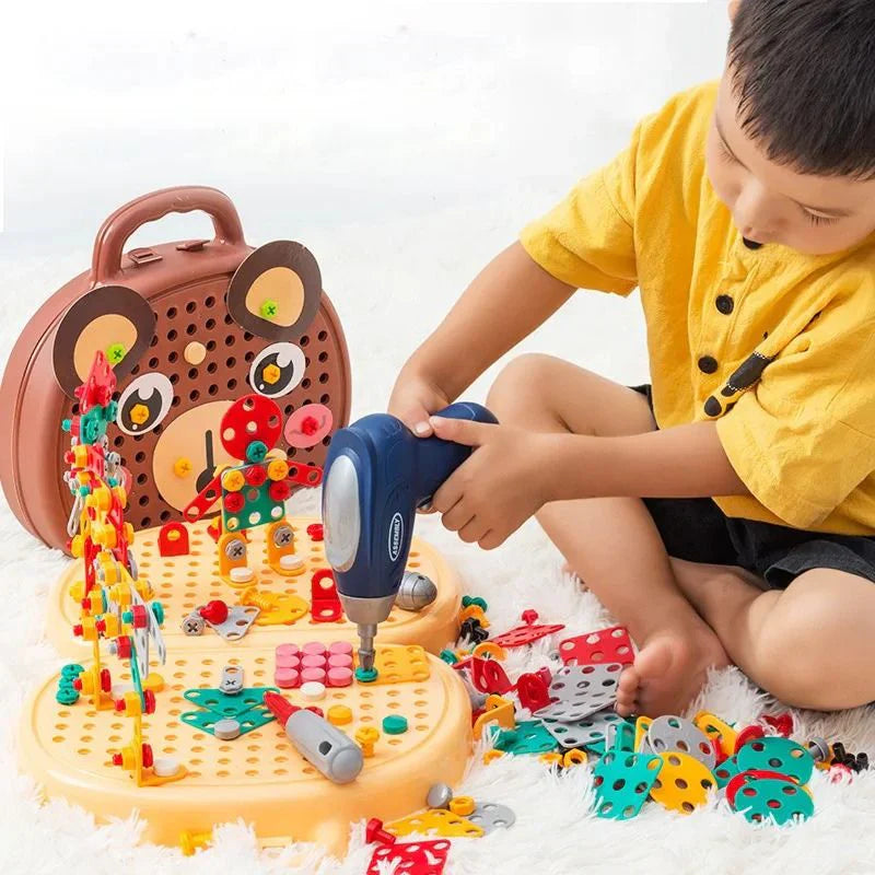 Boite a outils enfant Montessori 204 pieces avec perceuse jouet et mallette de rangement