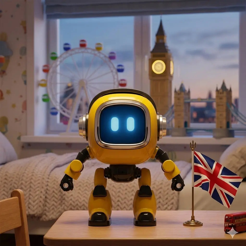 Petit robot de bureau jaune avec drapeau britannique, présenté comme compagnon interactif en anglais