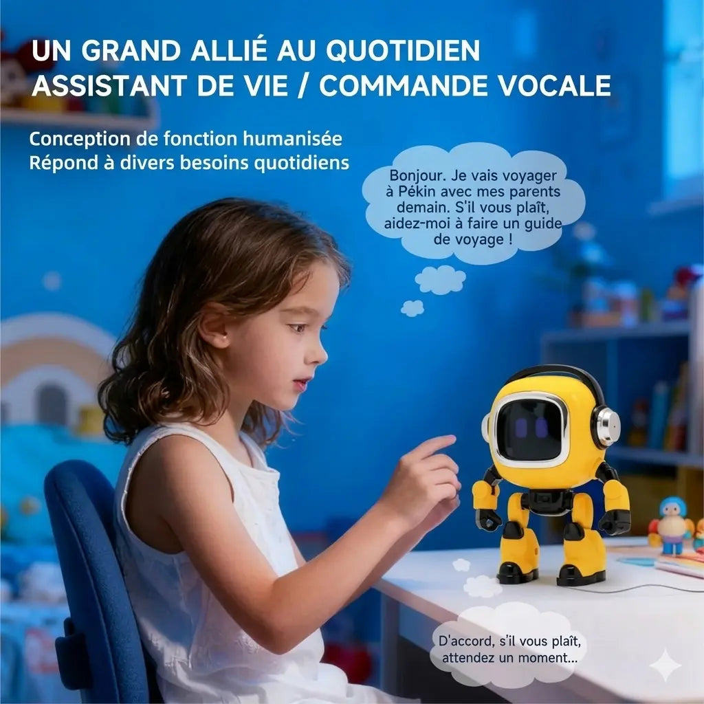 Enfant échangeant avec un petit robot de bureau jaune dans une scène de questions réponses