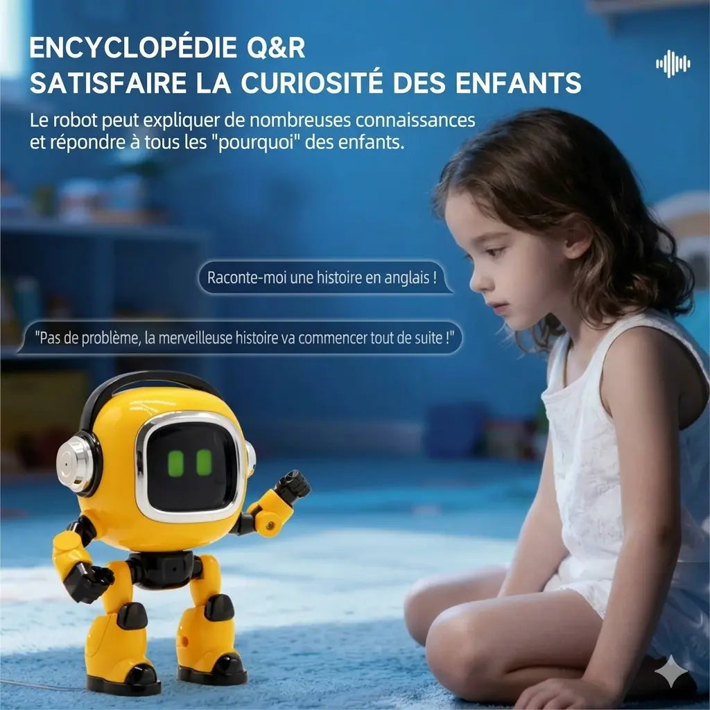 Petit robot de bureau jaune illustrant une encyclopédie de questions-réponses pour la curiosité des enfants