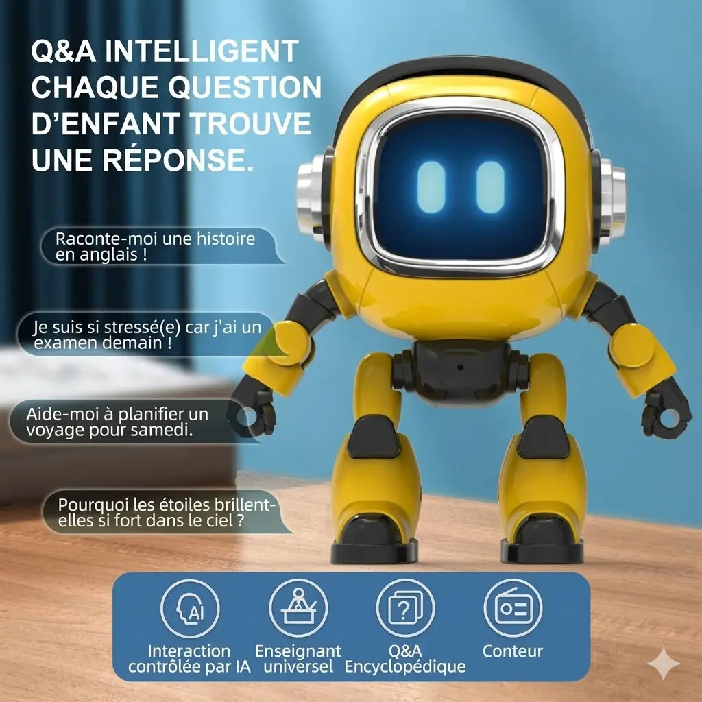 Enfant utilisant un petit robot de bureau jaune avec une commande vocale dans une chambre