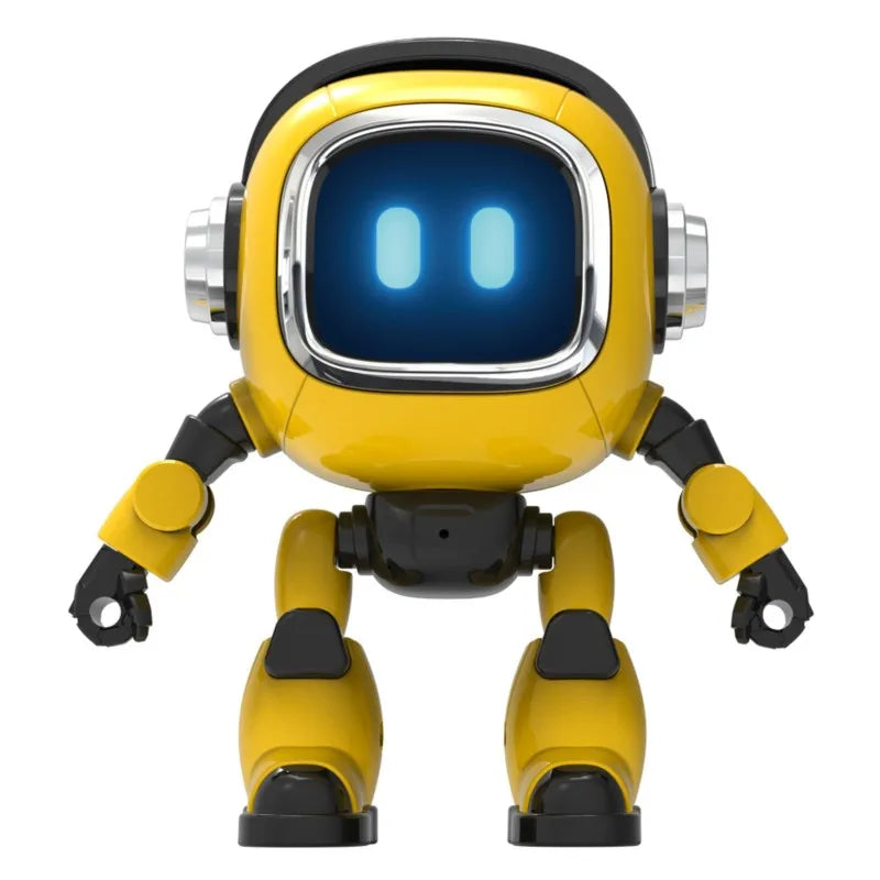 Petit robot de bureau jaune présenté sur fond blanc, avec écran lumineux et bras articulés