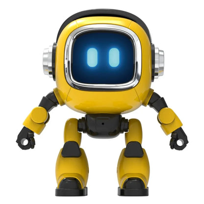 Petit robot de bureau jaune présenté sur fond blanc, avec écran lumineux et bras articulés
