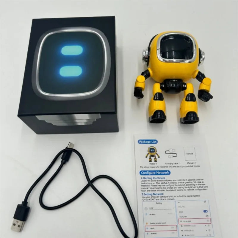 Kit de petit robot de bureau jaune avec boîte, câble USB et notice de configuration Wi-Fi