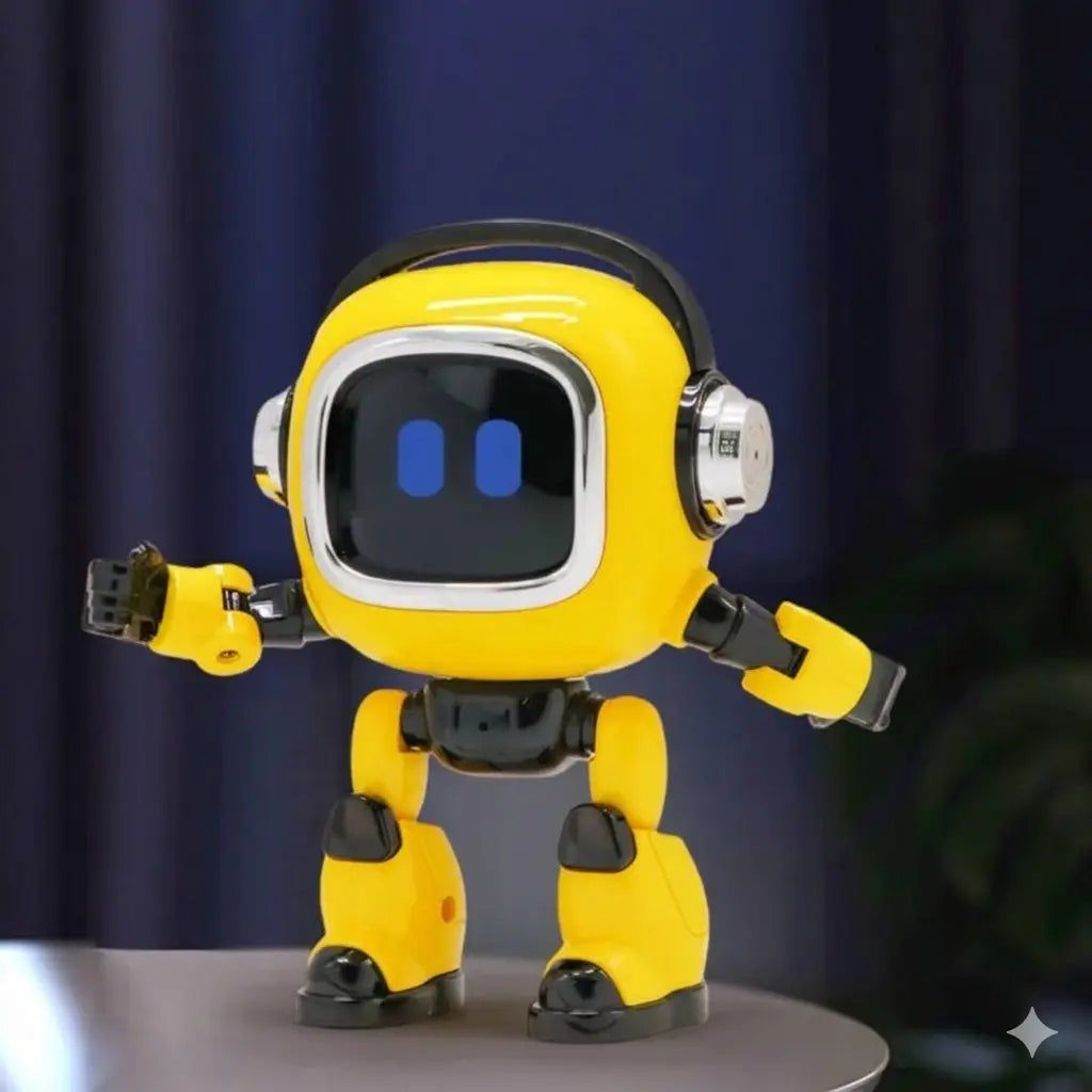 Petit robot de bureau jaune en mouvement, avec écran lumineux et bras levés