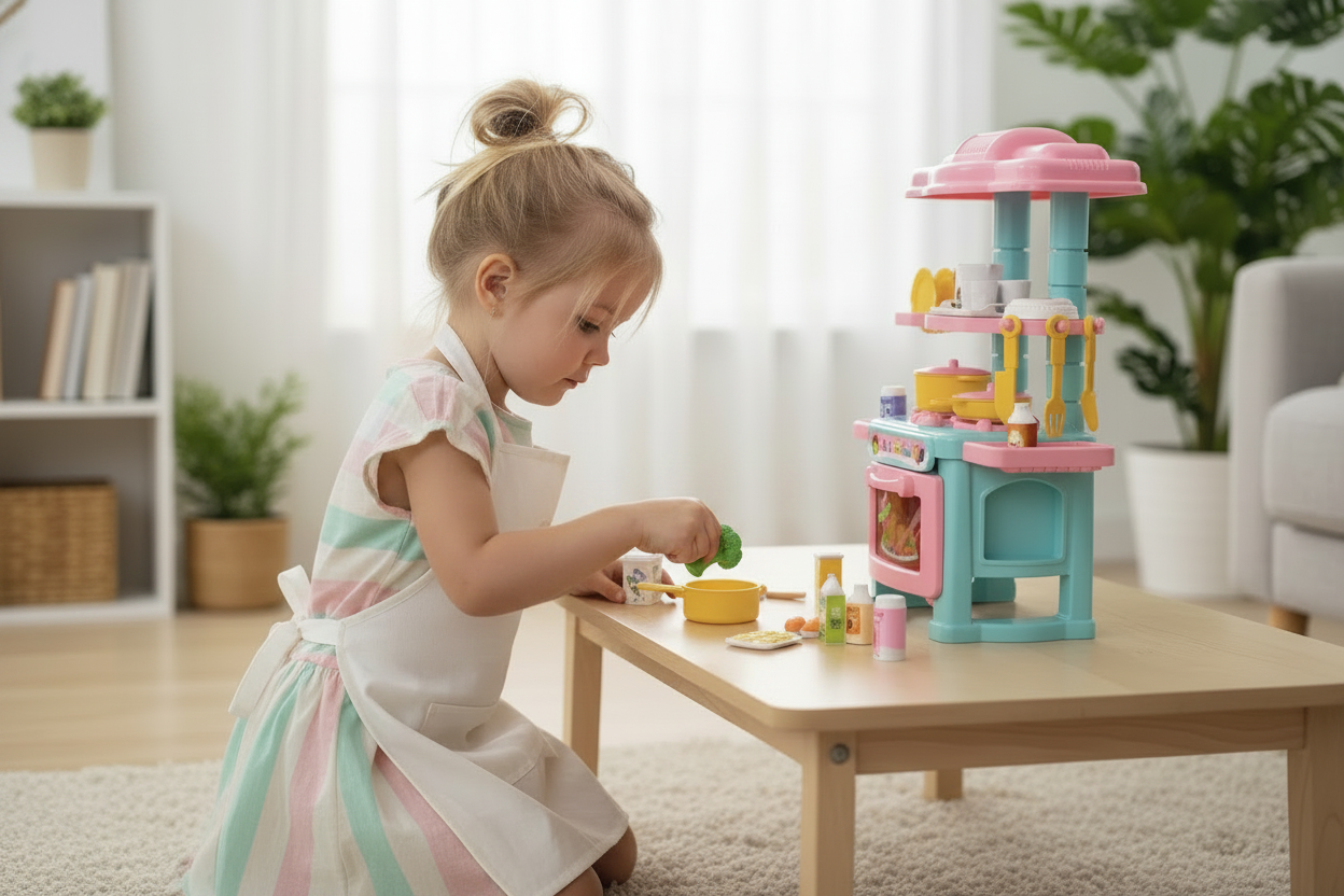 Petite fille jouant seule avec mini cuisine jouet - poêle tenue en main