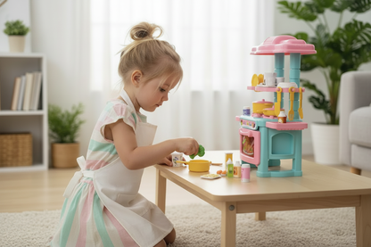 Petite fille jouant seule avec mini cuisine jouet - poêle tenue en main