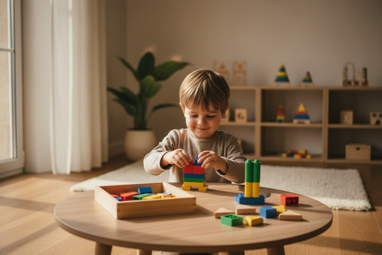 Photo cinématique — enfant construction, coordination œil-main Montessori