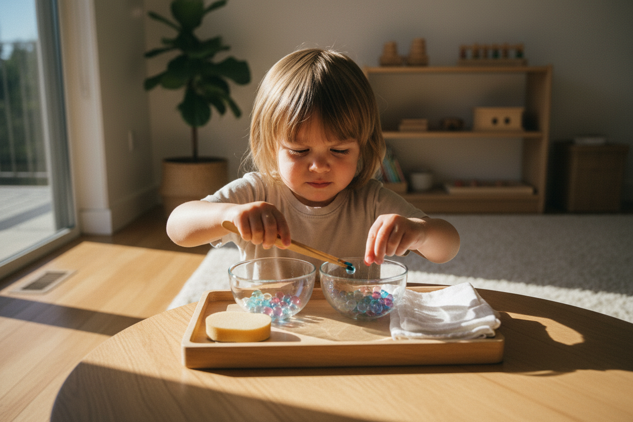 Photo cinématique — transfert de billes, motricité fine Montessori