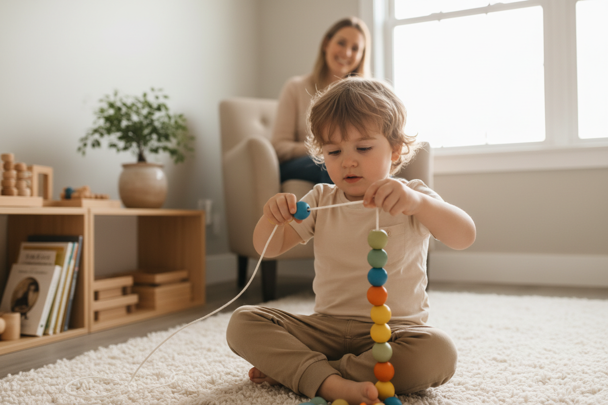 Photo lifestyle — enfant enfilage de perles motricité fine