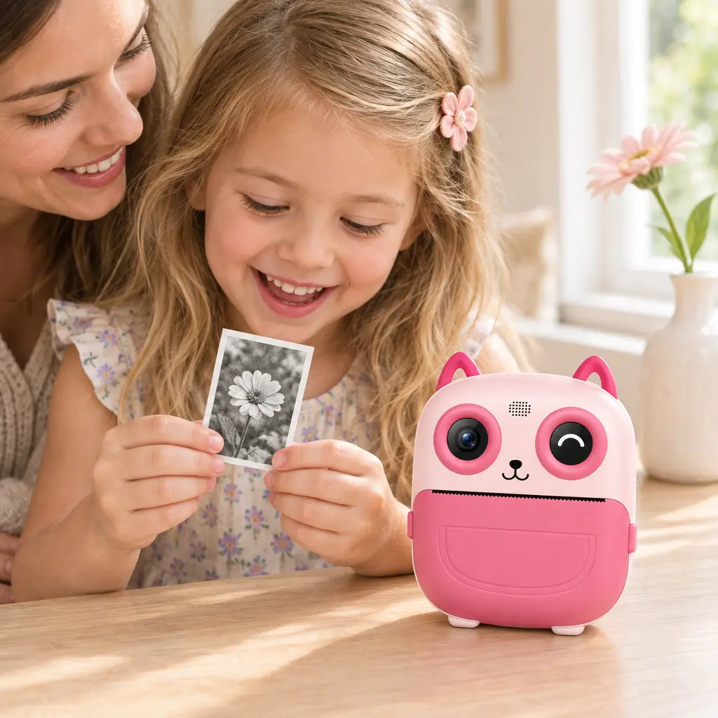 Enfant découvrant un tirage noir et blanc de fleur auprès d’un parent, avec l’appareil photo instantané PrintPix rose.