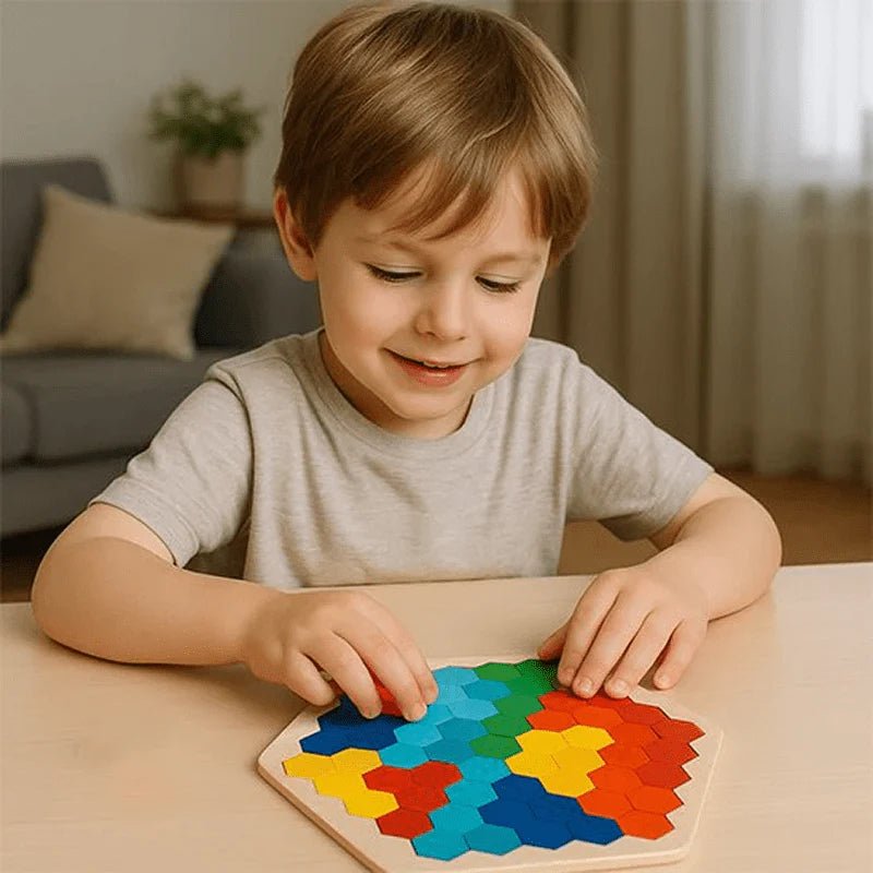Tangram Montessori en bois LogiWood avec pieces colorées et modeles à reproduire
