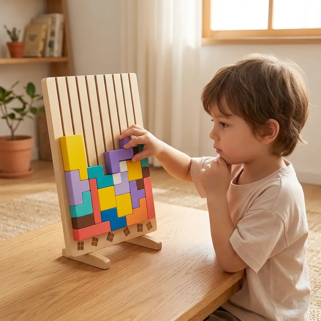 Enfant composant une figure avec des blocs colorés à côté du plateau TetrisMosa debout.