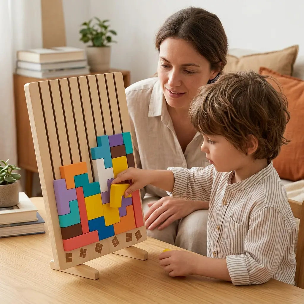 Parent et enfant partageant un jeu d’assemblage avec le plateau vertical TetrisMosa.