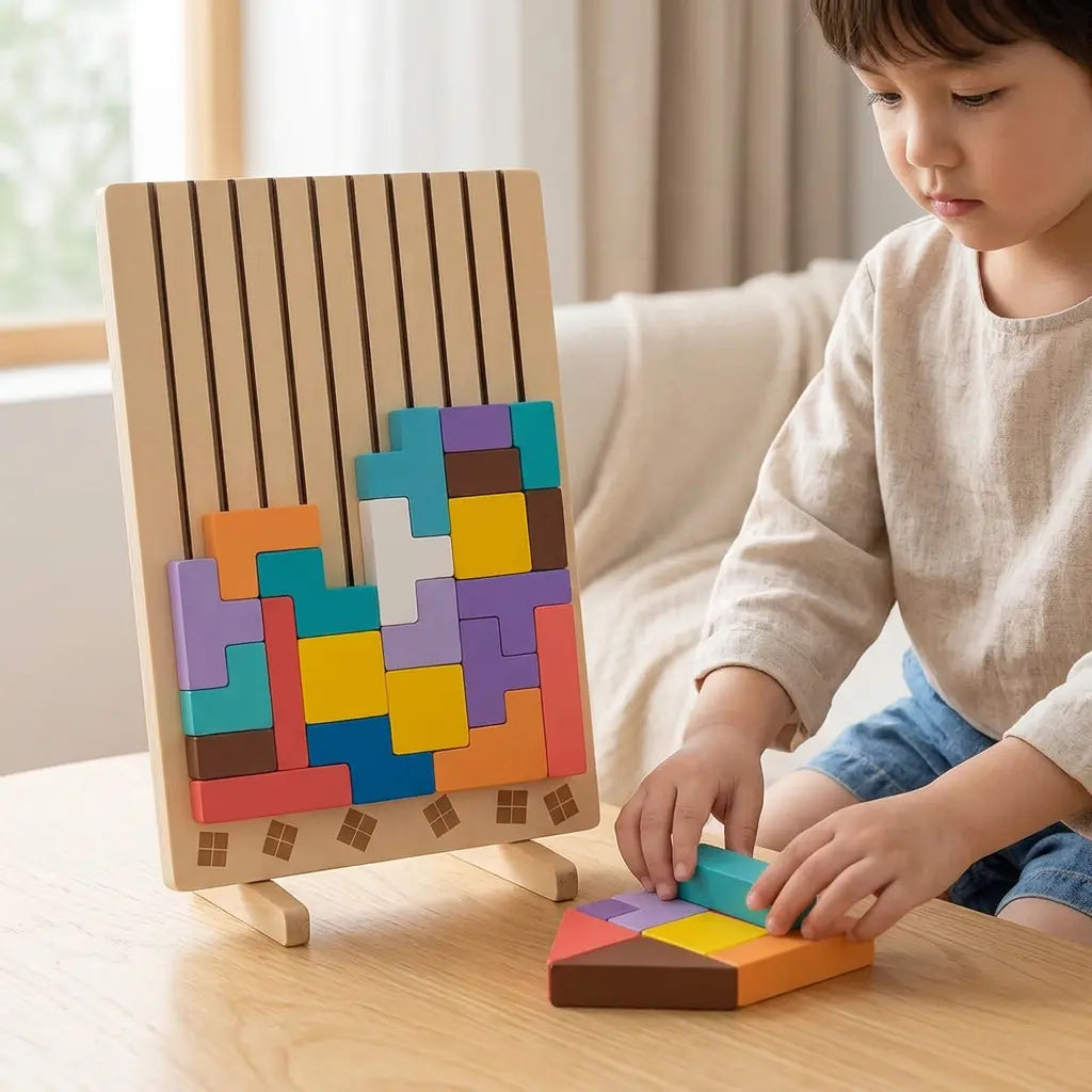 Enfant cherchant où placer un bloc coloré sur le puzzle en bois TetrisMosa debout sur ses pieds.