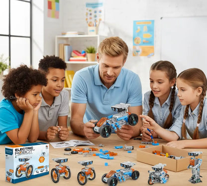 Un adulte et trois enfants regardent un modèle RoboKit12™ assemblé, avec des pièces et la notice sur la table