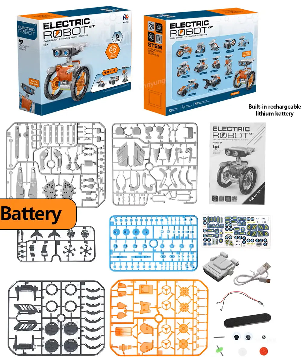 Pièces, notice, câble USB et boîtes illustrés du kit robot à construire RoboKit12™ 12-en-1
