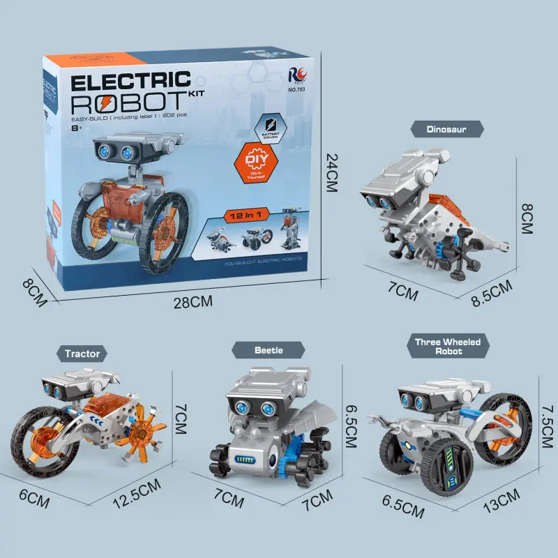 Schéma présentant la boîte RoboKit12™ et les dimensions indiquées pour quatre modèles à construire