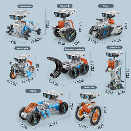 Huit modèles du robot à construire RoboKit12™ présentés avec leurs dimensions indiquées