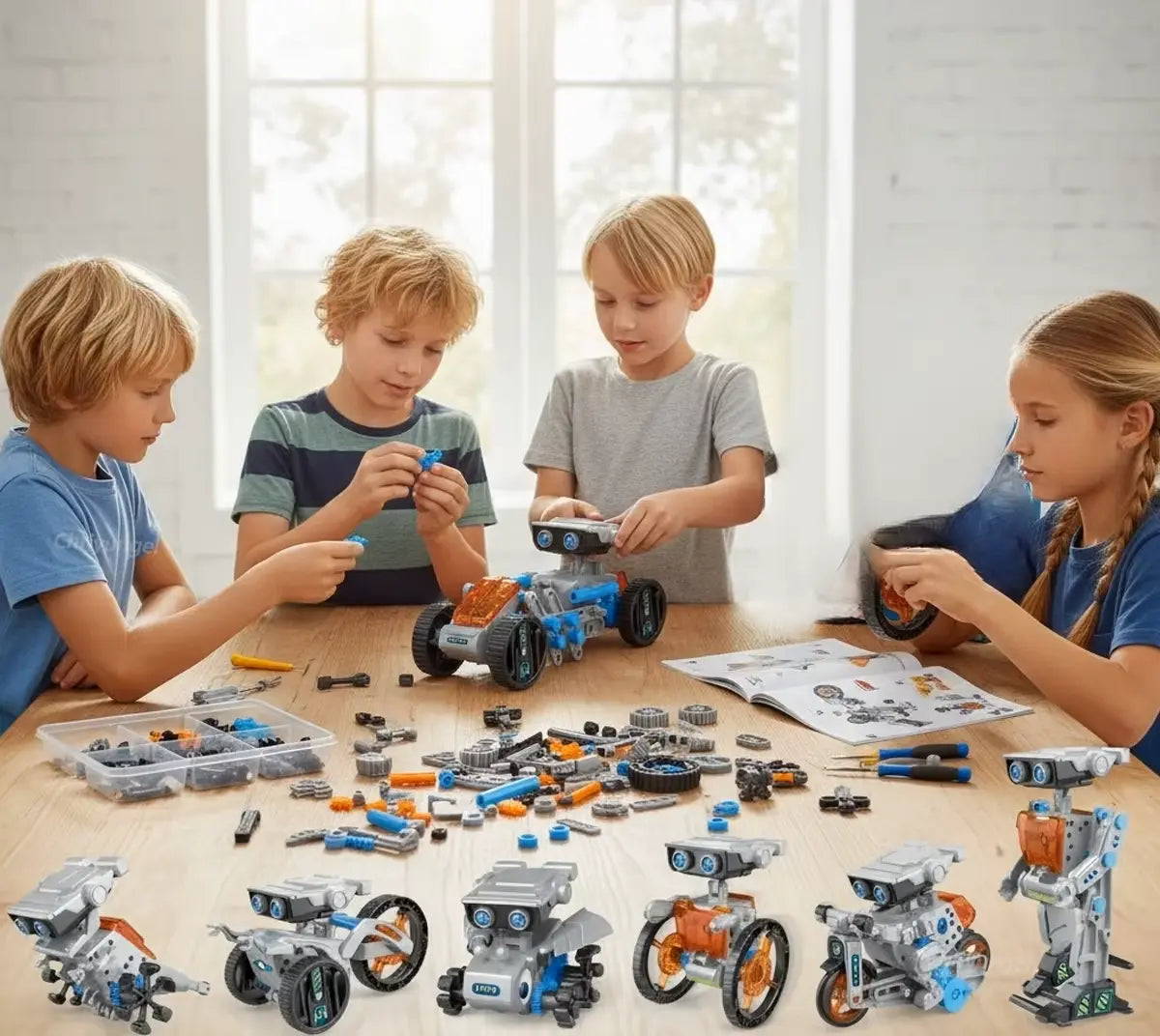 Quatre enfants assemblent un modèle RoboKit12™ autour d’une table couverte de pièces et de plans