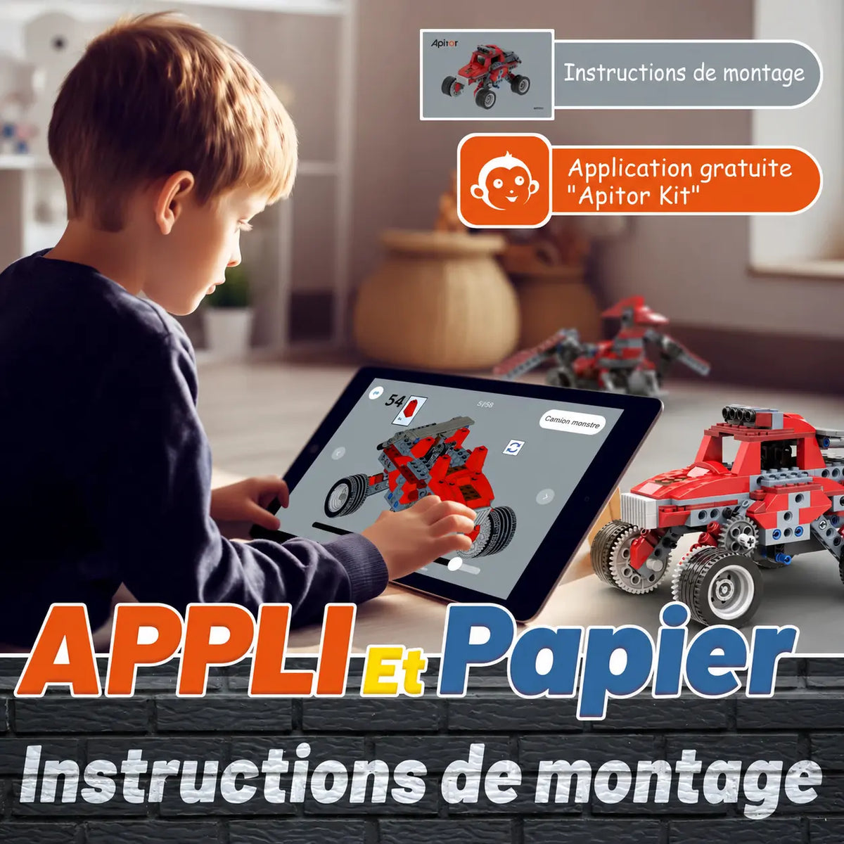 Enfant consultant les instructions de montage de Robot-Illico™ sur une tablette, près d’un modèle assemblé