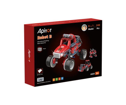 Boîte du kit robot à construire Robot-Illico™ 8-en-1 de 240 pièces, illustrée par un véhicule rouge