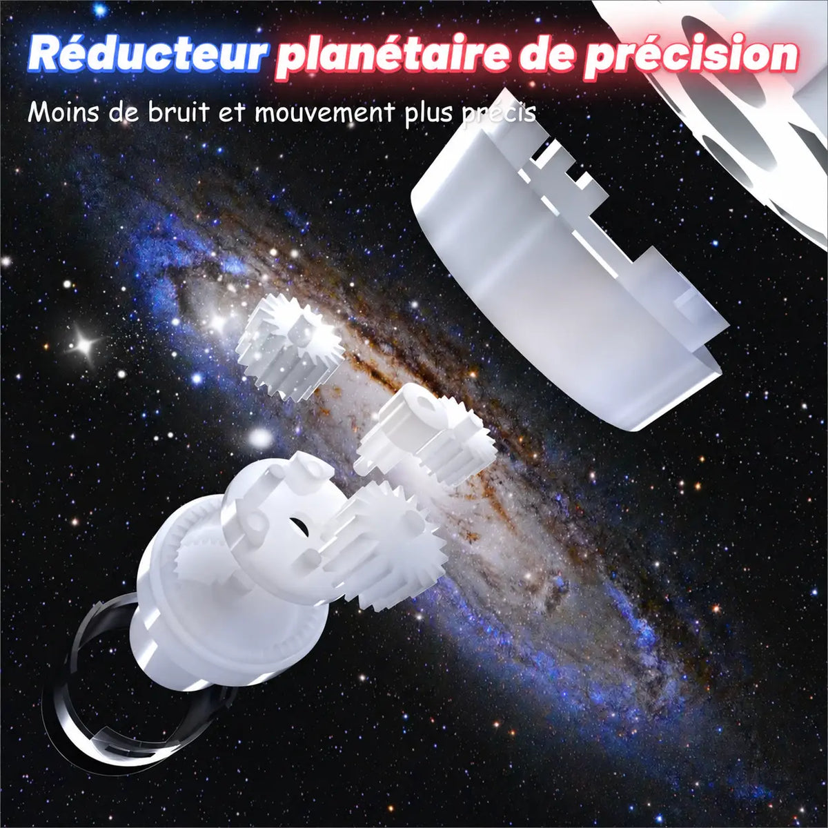 Illustration des engrenages et du mécanisme motorisé d’un modèle Robot-Illico™ sur fond spatial