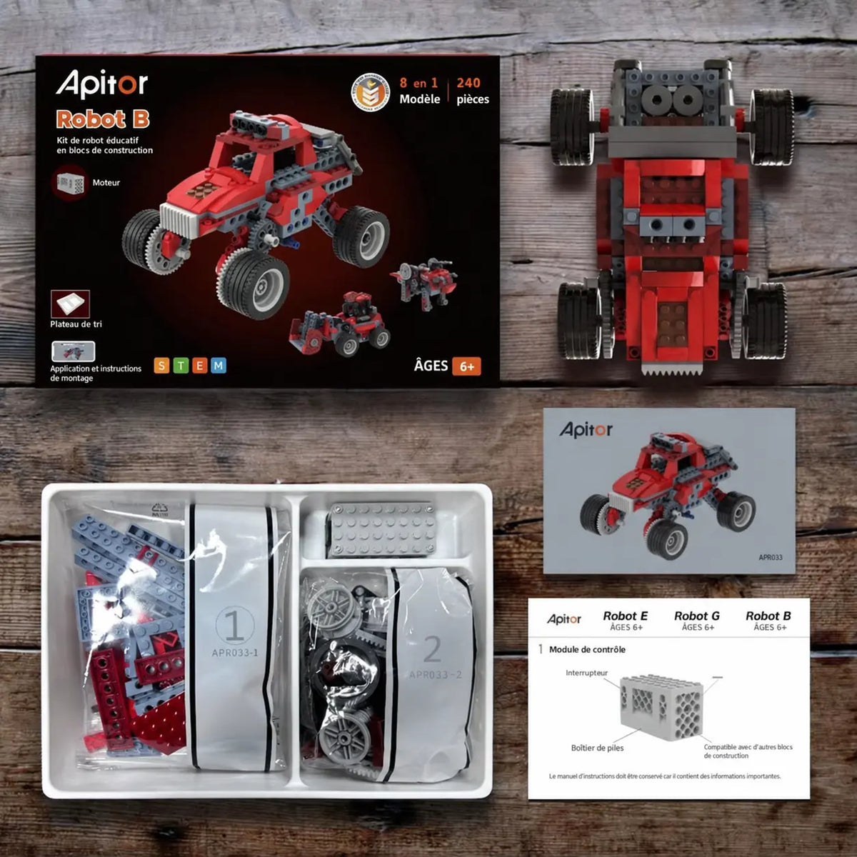 Robot-Illico™ 8-en-1 : boîte, modèle de véhicule rouge assemblé et aperçu des autres constructions