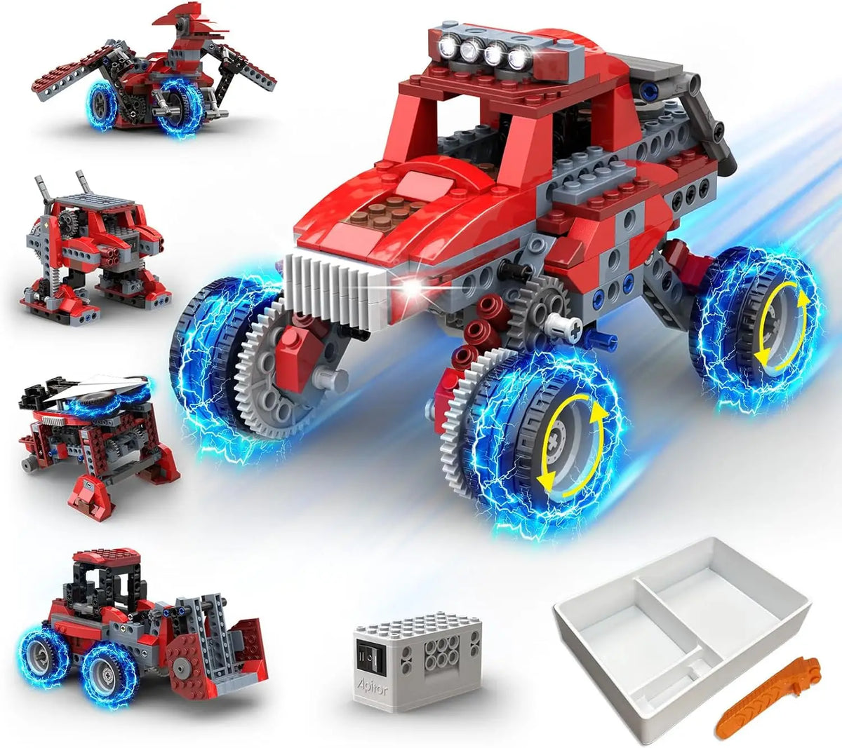 Véhicule rouge Robot-Illico™ assemblé, avec d’autres modèles du kit, un module et un plateau de tri illustrés