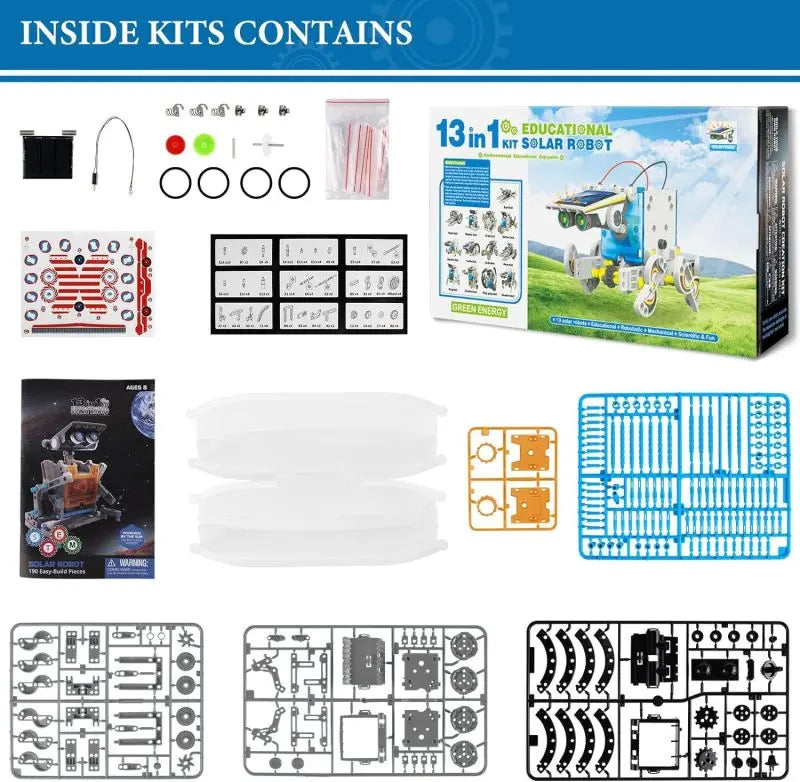 Vue des pièces, du guide et de la boîte du kit robot solaire à construire RoboSolar13™ 13-en-1