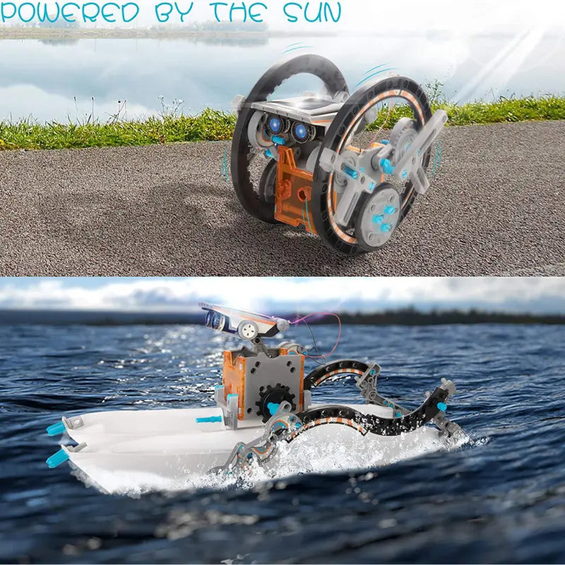 Deux montages RoboSolar13™ illustrés : un modèle à roues sur la terre et un modèle sur l’eau