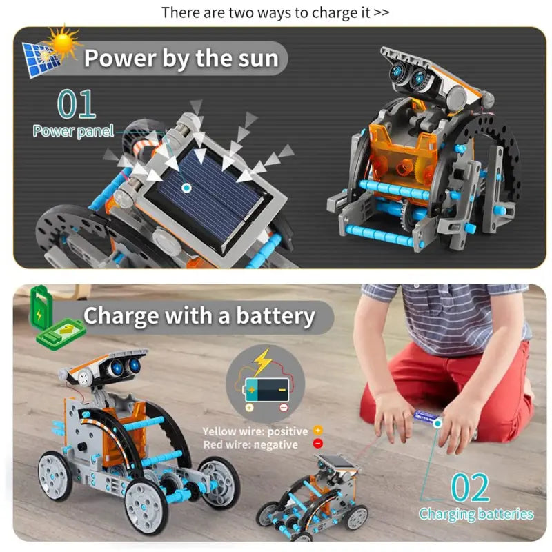 Comparaison illustrée d’un montage RoboSolar13™ en intérieur avec piles et en extérieur avec panneau solaire