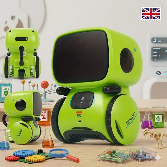 MrBot™, robot enfant vert présenté dans un univers scientifique avec drapeau anglais