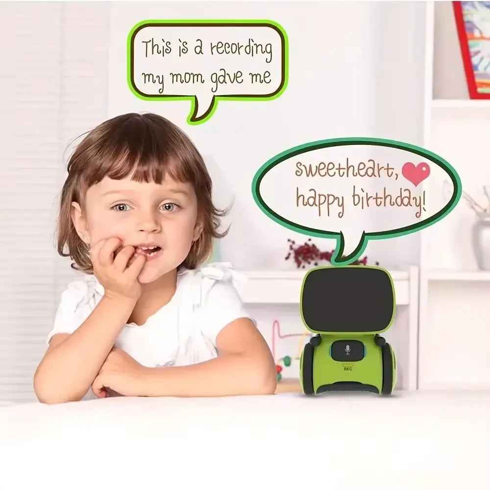 MrBot™, robot enfant enregistreur installé à côté d’une enfant avec un message vocal illustré