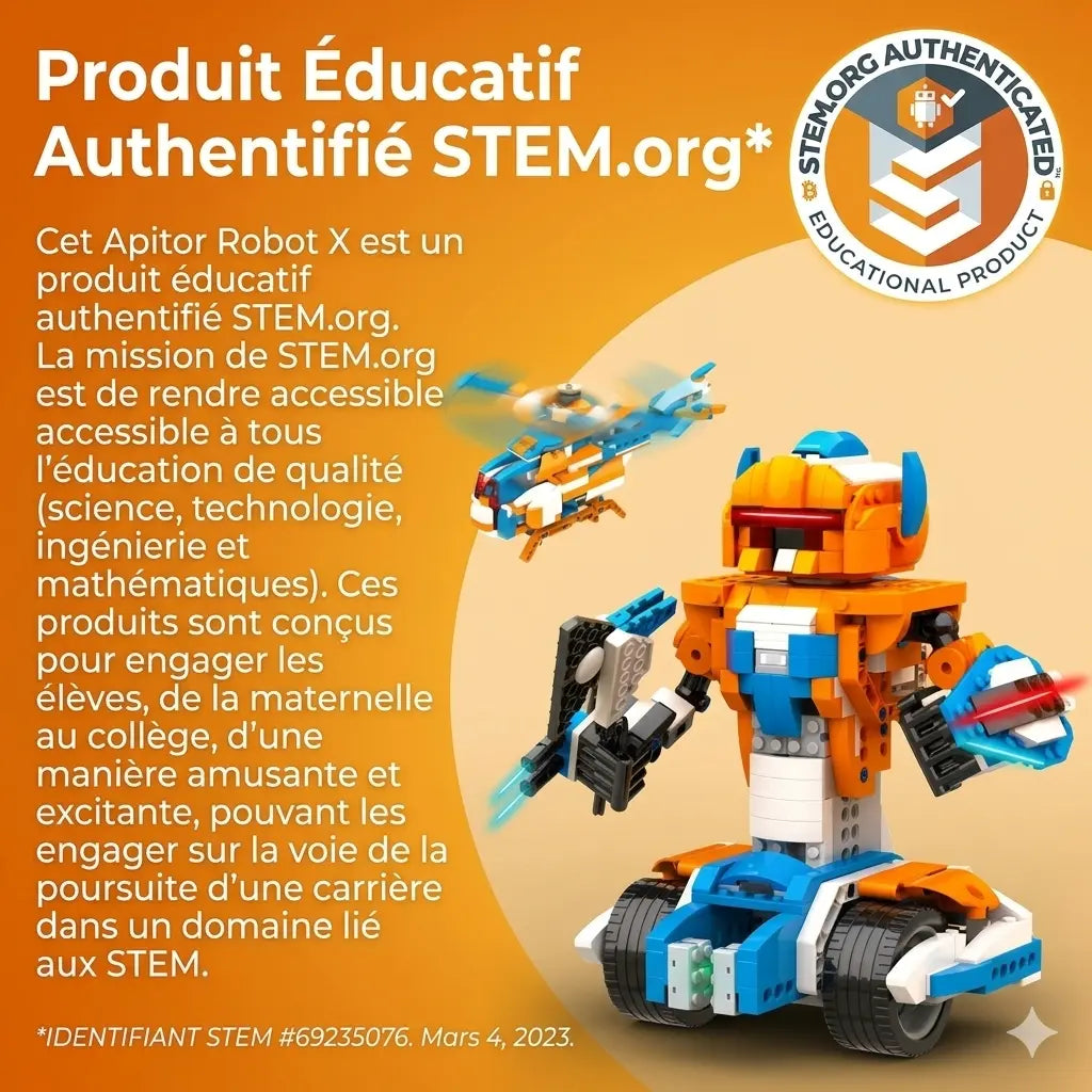 Robot-Xtreme™ orange et bleu sur roues, accompagné d’un modèle d’hélicoptère sur fond orange