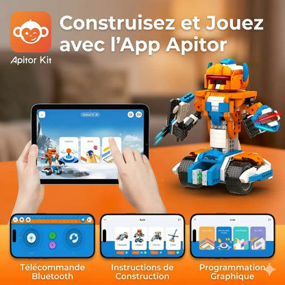 Robot-Xtreme™ à côté de l’application Apitor présentant le pilotage, les instructions de montage et le codage graphique