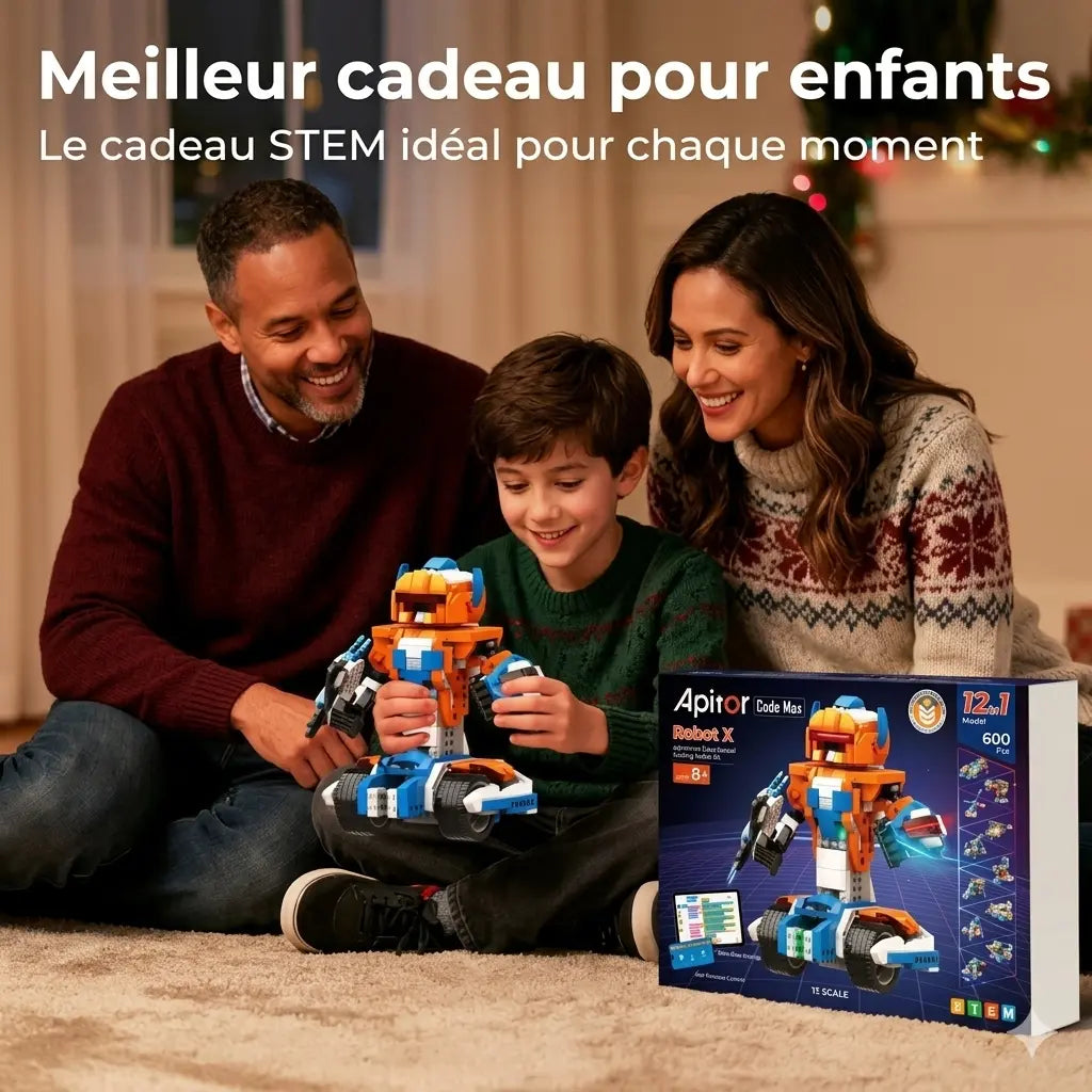 Enfant tenant Robot-Xtreme™ assemblé auprès de deux adultes, avec la boîte du robot à construire 12-en-1