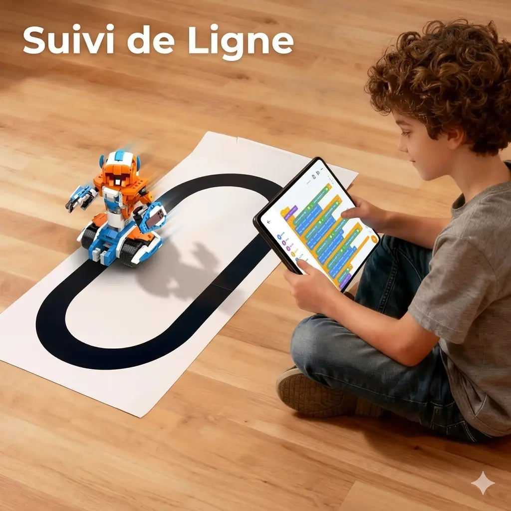 Enfant utilisant une tablette près de Robot-Xtreme™ posé sur un circuit noir de suivi de ligne