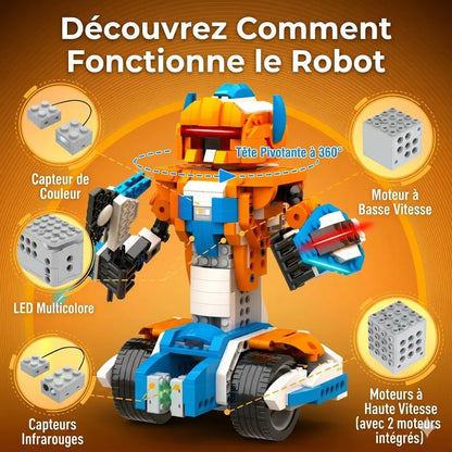 Schéma du robot programmable Robot-Xtreme™ montrant capteur de couleur, capteurs infrarouges, moteurs et LED