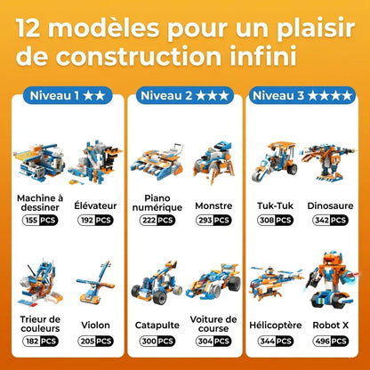Présentation des 12 modèles à construire successivement avec Robot-Xtreme™, classés en trois niveaux