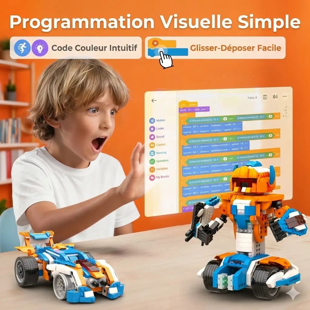 Enfant devant l’interface de programmation graphique de Robot-Xtreme™, avec deux modèles construits sur la table