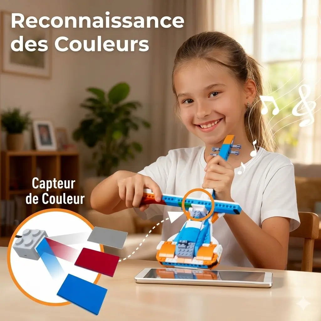 Enfant assemblant un modèle Robot-Xtreme™ ; illustration du capteur de couleur et de pièces rouges et bleues