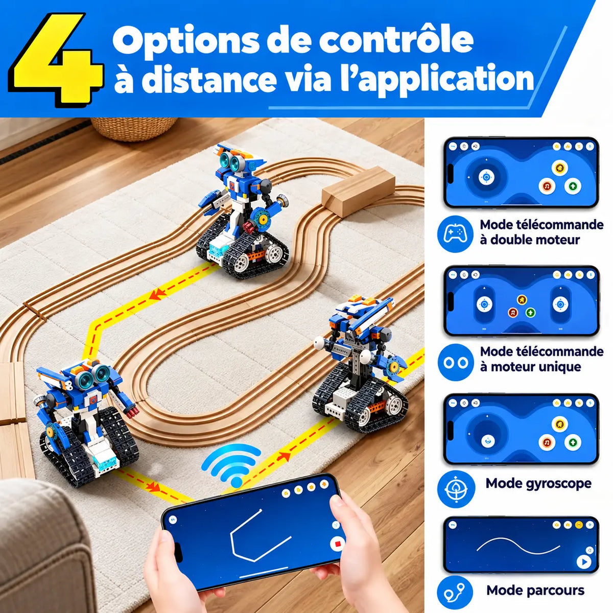 Robot programmable enfant piloté par application : quatre modes illustrés, double moteur, moteur unique, gyroscope et parcours