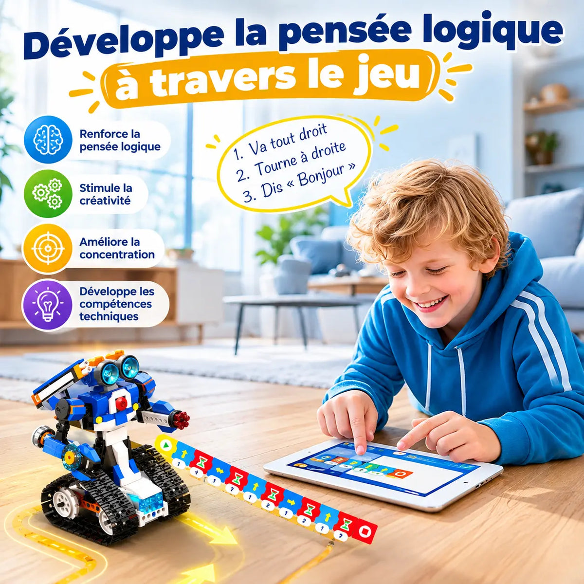 Enfant utilisant une tablette de codage par blocs avec un robot programmable à construire sur chenilles