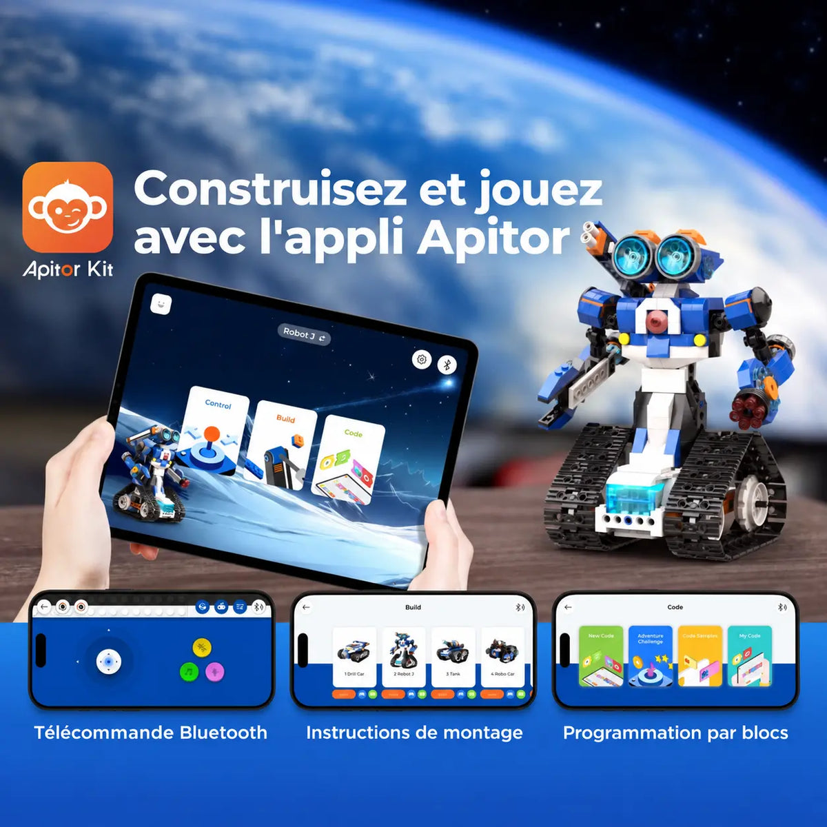 Robot RoboMax6™ à côté d’une tablette montrant l’application de pilotage, les plans et le codage par blocs