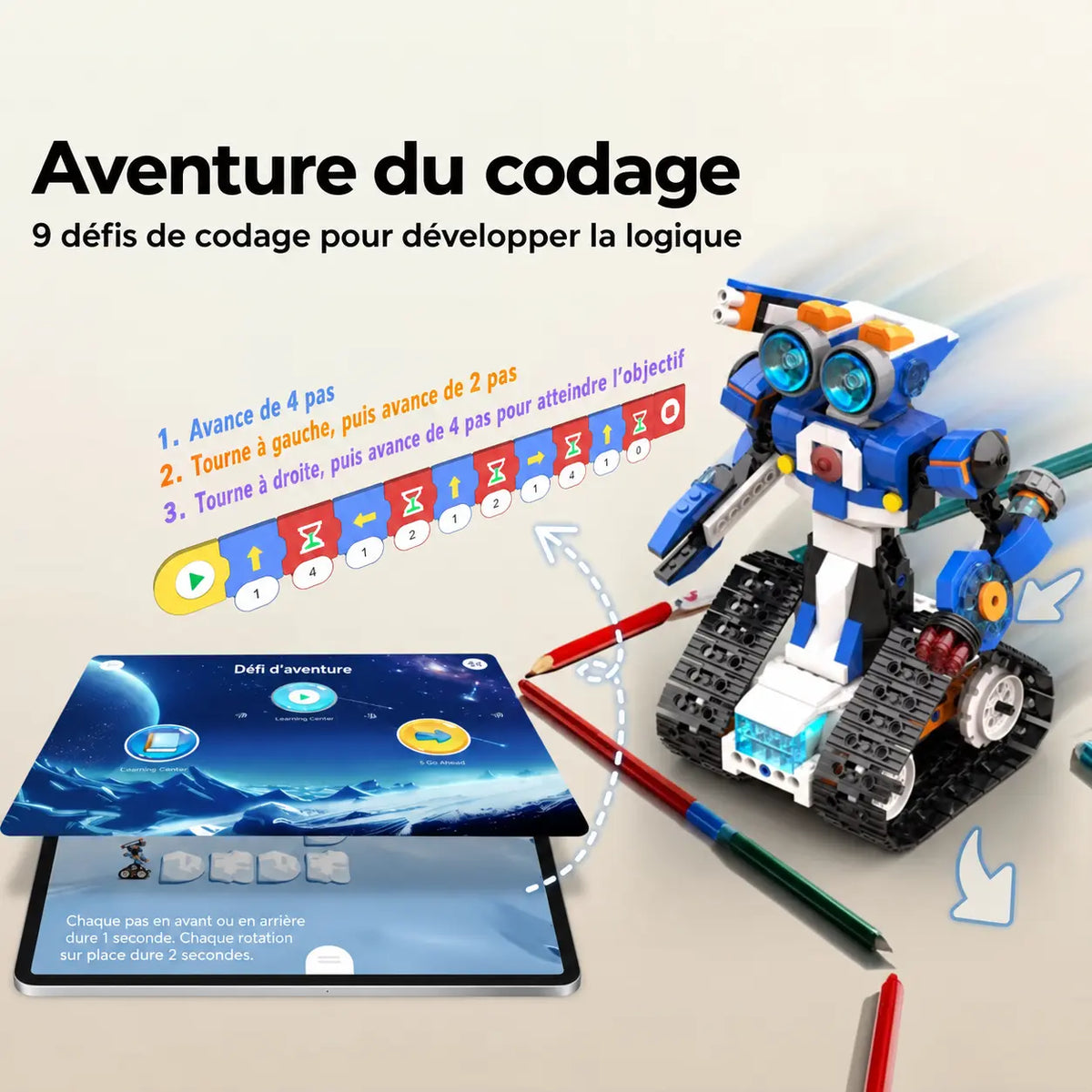 Enfant devant une interface de codage par blocs, avec deux modèles RoboMax6™ construits sur la table