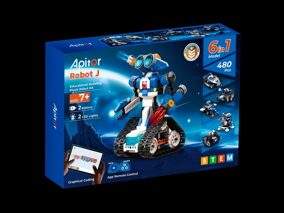 Boîte du kit robot programmable RoboMax6™ 6-en-1, illustrée avec le robot bleu sur chenilles