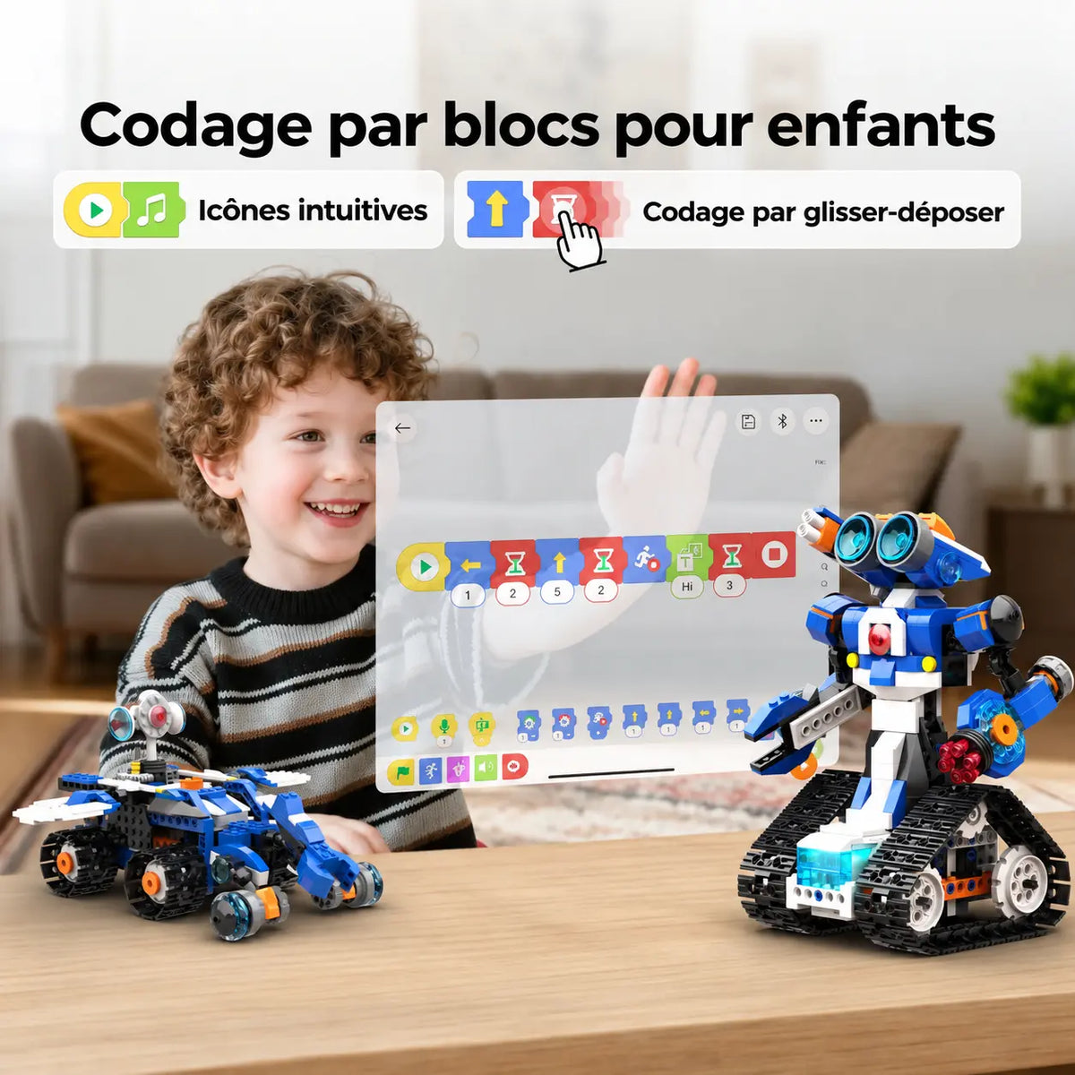 Robot RoboMax6™ sur chenilles près d’une tablette affichant une séquence de commandes par blocs