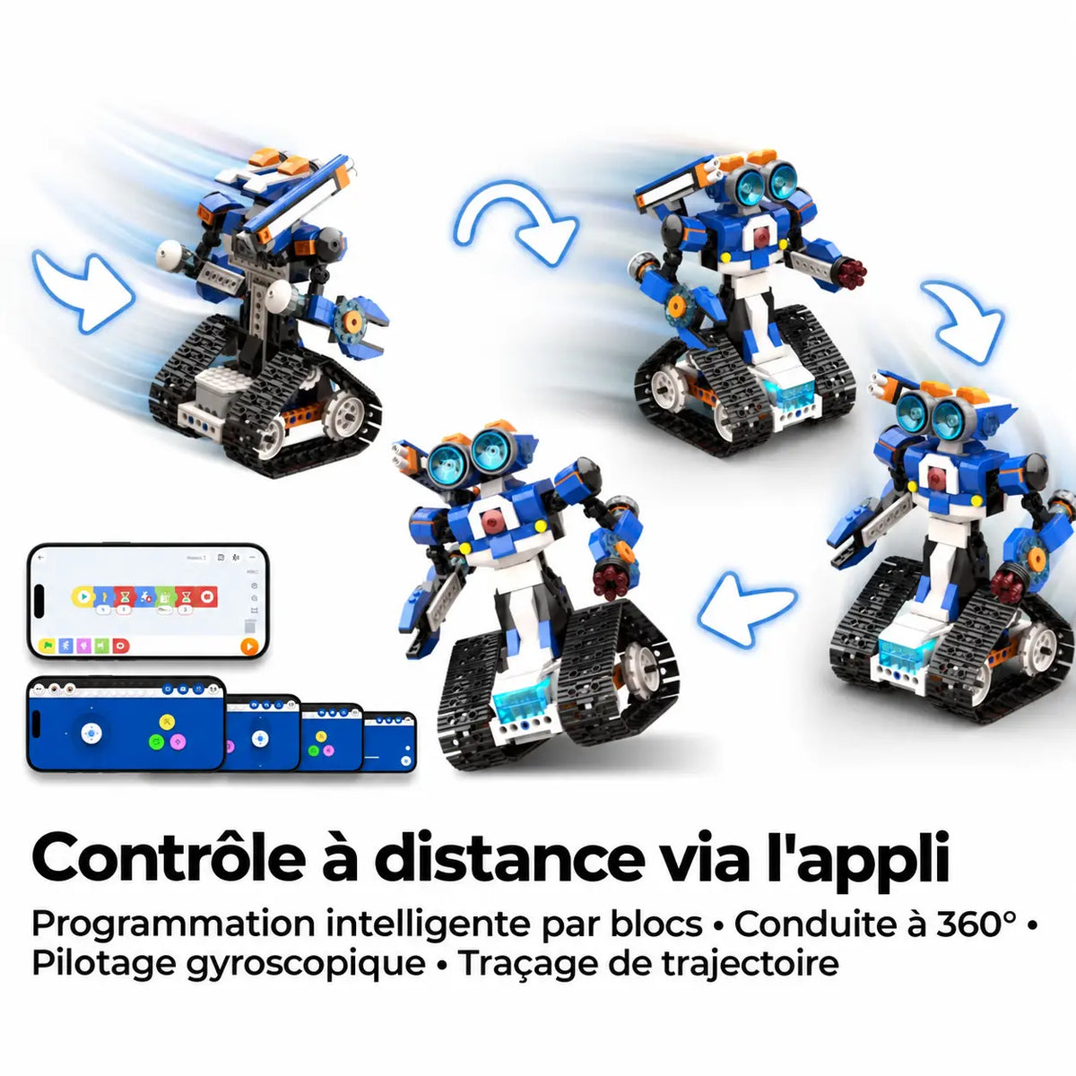 Vue éclatée d’un modèle RoboMax6™ sur chenilles montrant engrenages, moteur et module lumineux